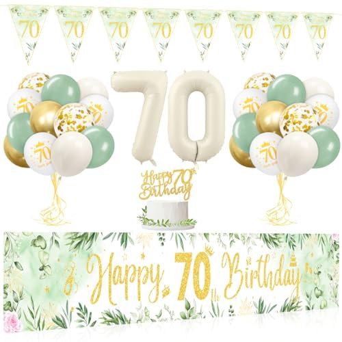 70 Geburtstag Deko Luftballons, Grün Gold Deko 70. Geburtstag Frau Luftballons Set, 70.ter Geburtstag Deko Luftballon mit Banner und Girlande Wimpel für 70 Geburtstag Frauen Mann Dekorationen