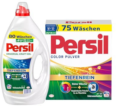 PERSIL-Set Pulver 1x 75 Waschladungen Color & Kraft-Gel 1x 80 Waschladungen Universal, Color- & Vollwaschmittel-Set für reine Wäsche und hygienische Frische für die Maschine