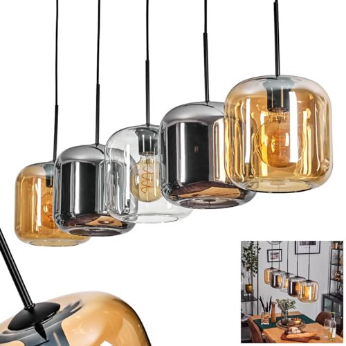 Pendelleuchte Lauden, Pendellampe aus Metall/Glas in Schwarz/Bernstein/Chrom/Klar, Leuchte im modernen Retro/Vintage-Design mit Schirmen aus Glas (Ø 20cm), Höhe max. 147,5cm, 5x E27, ohne Leuchtmittel