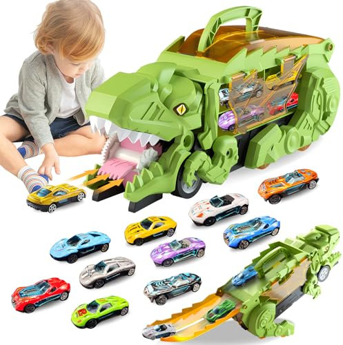 Ronronner Camion Transporteur Voiture, Voiture Jouet Portable Dinosaur Truck, Camion Dinosaure 11 en 1, avec 10 Voitures De Course, pour Aux Enfants âGéS De 3, 4, 5, 6, 7 Ans - Vert