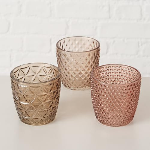 Windlicht Marilu, 3sort. Glas lackiert, einfarbig mit verschiedenen Mustern, 3 Stück, H 7,5cm, ⌀7,5cm, BOLTZE