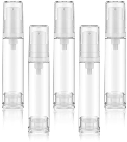 LLOUSSAK 5Pcs 0.4Oz Clear Travel Pump Bottle, Mini Empty Lotion Container with Airless Pump, Plastic Refillable Travel Size Bottles Vacuum Press Cosmetic Dispenser for Foundation Cream Gel (10ml)