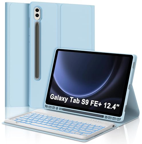JADEMALL Coque Clavier pour Samsung Tab S9 FE Plus/S9 FE+ 12.4 2023, AZERTY Français Clavier Rétroéclairé Magnétique Détachable pour Samsung Tab S9 FE+ 12.4, Bleu Ciel