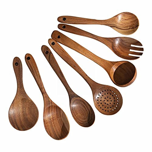 Couvert 7 pièces ustensiles de cuisine en bois ustensile de cuisine bois de teck naturel ustensiles de cuisine outil spatule en bois dur antiadhésif et cuillères en bois Kit Couvert (Coffee, One Size)