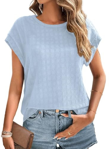 Cuptacc Tshirt Damen Crew Neck Top Mit Flügelärmeln Plaid Oberteile Lang Blouse Elegant Himmelblau, Groß L 42-44