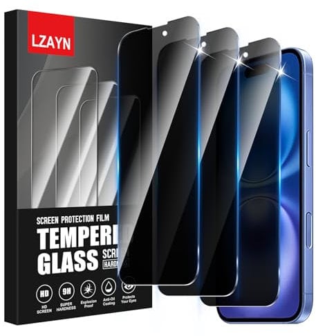 LZAYN 3 Pack Privacy Screen Protector for iPhone 16/15/15 Pro, Impact-Resistant, Anti-Scratch,Bubble Free, Black Anti Spy Tempered Glass Film, Easy Installation