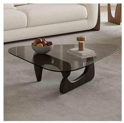 Moderner niedriger Teetisch mit Tischplatte aus gehärtetem Glas und Beinen aus Massivholz, ideal für Wohnzimmer und Schlafzimmer, graues Glas mit schwarzen Beinen, abgerundete Ecken, Mitteltisch und