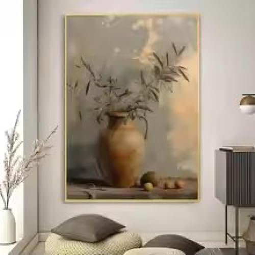 XBTYKPB Vintage Olivenbaum in Vase, Wandbilder, Poster, Kunstdrucke, Bar, Wohnzimmer, Möbeldekor, Gemälde für die Wanddekoration zu Hause, 70 x 90 cm, mit Rahmen
