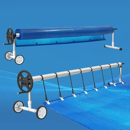 UISEBRT Enrollador móvil para piscina de 3 m – 5,70 m para lona de piscina, enrollador con cintas de fijación y ruedas, sistema de enrollado para lonas solares y cubiertas