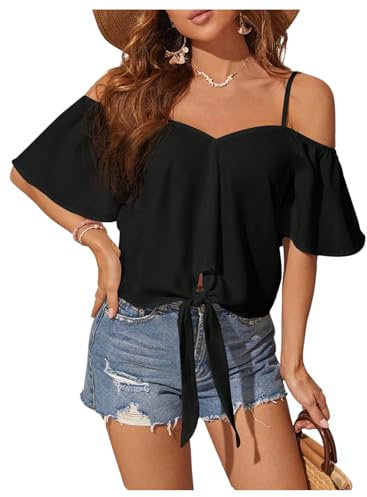 GORGLITTER Women's Cold Shoulder Tie Knot Front Blouses Half Sleeve Loose Beach Vacation Shirt Tops Black Medium