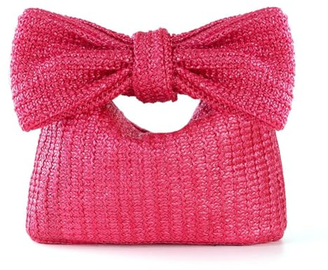 GreatRise Stroh Handtasche mit Bogen Griff Damen Clutch-Strohtasche Stroh Geldbörse mit Reißverschluss Einfache Strandtasche Sommer Tragetasche Korbtasche für Reisen Täglicher Rosa