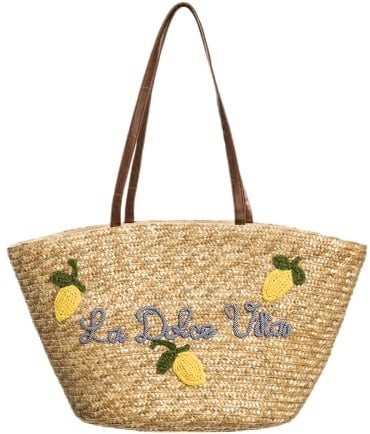 Sac en paille avec broderie citrons, panier mer avec poignées, 57 x 33 x 24 cm - BAG 207