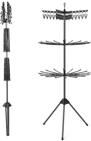 Multigot Folding Clothes Drying Rack, Freestanding 3-Tier Clothes Airer Laundry Towel Rack Stand with 24 Clips, 32 Hanging Rods and Rotatable Arms, Tripod Dryer Hanger for Indoor Outdoor