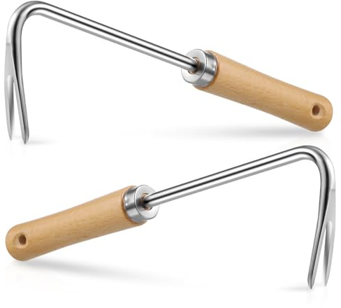 Unkrautstecher Handwerkzeug aus Edelstahl und Holz, 2 Stück | V Förmige Zinken, Scharfe Spitze, zum Wurzelziehen und Umpflanzen, Handliches Gartengerät