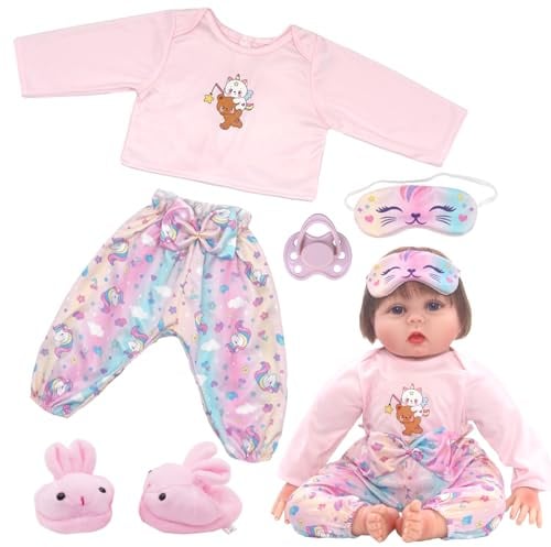 Rosa Pony Puppenkleidung, 6-teilige Puppen Kleidung für 50–55 cm Babypuppen, Pyjama-Set mit langärmligem Oberteil, Schleifenhose, Plüschhasenschuhen, Augenmaske, Schnuller, Geschenk Mädchen Jungen
