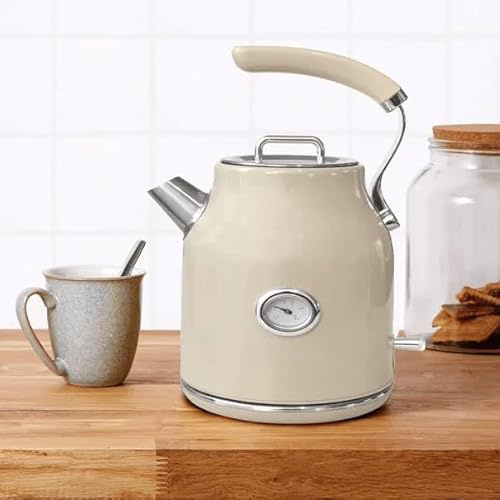New Retro Gloss Jug Kettle 1.7L | 3KW Rapid Boil | Temperature Gauge | Cordless 360° Base | Grey Electric Kettle with Gloss Finish M-03 (Cream)