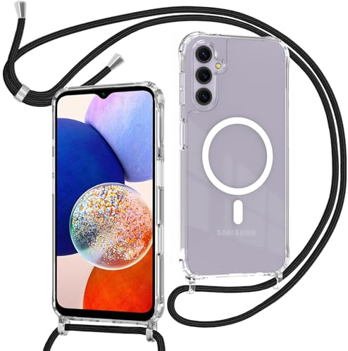 ZYIMOU für Samsung Galaxy A14 5G / 4G Hülle mit Band Kompatibel mit MagSafe, Transparent Magnetische Handyhülle mit Kordel zum Umhängen Handyband Stossfest Schutzhülle，Kette Schwarz
