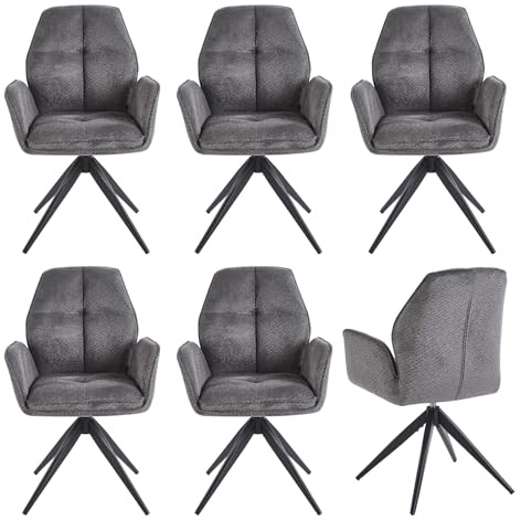 stone princess 2er Set Esszimmerstühle Drehbare: Stoffbezug Gepolsterter Sitz - Moderne Küchenstühle mit 360° Drehfunktion Rückstellmechanismus - Metallgestell in Matt Schwarz (CC007-dunkelgrau, 6er)