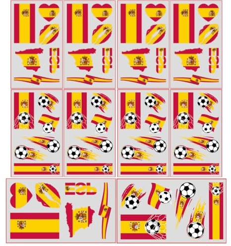 60PCS Football Temporary Tattoo Stickers&World Cup Themed Party Gifts,England Flag Pattern,France Germany Football Stickers,Easy To Stick And Tear,Waterproof,Suitable For Face,Body And Arms (Spain)
