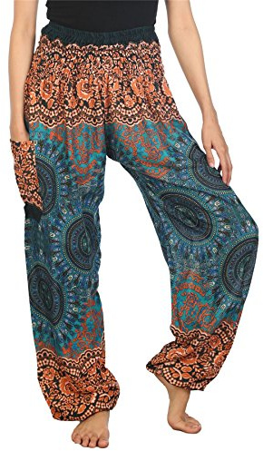 Lofbaz Harem Pants for Women Hippie Boho Festival Clothing - Bohemian Trousers for Yoga Beach Summer - Smocked Waist with Pockets - Rose 2 Teal Green 4XL Plus