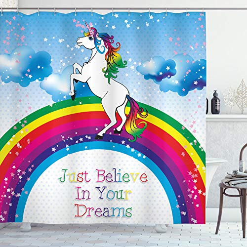 ABAKUHAUS Einhorn Duschvorhang, Einhorn Regenbogen-Fantasie, Stoffliches Gewebe Badezimmerdekorationsset mit Haken, 175 x 240 cm, Himmelblau Mehrfarbig