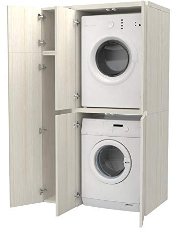 VE.CA - Mobile Lavatrice e Asciugatrice - Mobile Lavanderia, Made in Italy - 67x108x188 cm Salvaspazio Verticale con Mobile Ante, Robusto e Stabile (Bianco Larice, Doppio Verticale con Mobile)