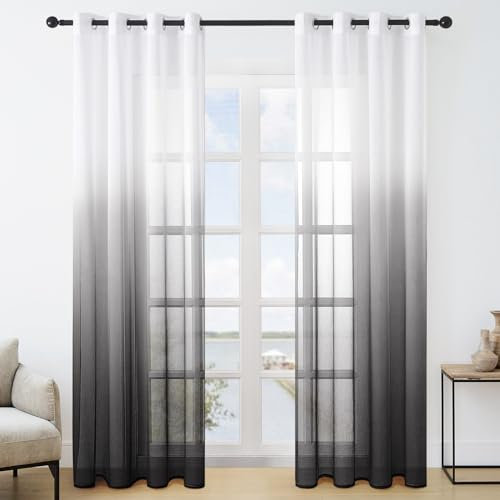 MRTREES Voile Gardinen Farbverlauf Leinenoptik Transparent Vorhang Kurz Tüllvorhang mit Ösen in Schwarz Weiß Verlauf 225×140cm (H×B) Modern für Kinderzimmer Wohnzimmer Schlafzimmer 2er-Set