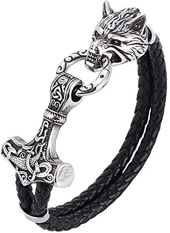 ZFSBRTL Herren Wolfskopf Thors Hammer Mjolnir Armband, Nordic Viking Myth Harajuku Pagan Edelstahl Lederkette Amulett Rune Schmuck Geschenk,22.5cm