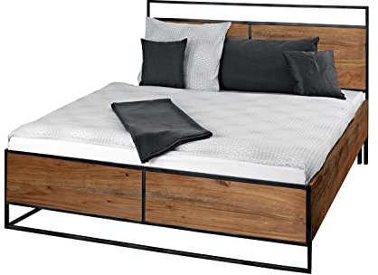 SAM Holzbett 180x200cm Jacob, Akazienholz massiv + stonefarben + lackiert, Massivholzbett mit Metallrahmen, Doppelbett, Gästebett, Jugendbett, pflegeleichtes Unikat