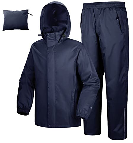 33,000ft Herren Damen Regenanzug Reflektierender Wasserdichter Regenkombi Packbare Winddichte Regenjacke+Regenhose mit Innennetz Regenkleidung für Fischen Wandern Camping, Marineblau L