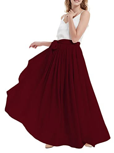 Damen Maxi Lang Chiffon Brautjungfer Rock Hohe Taille Bodenlang Plissee Sommer Strand Rock mit Gürtel für Hochzeit Party, Burgunder, S/M