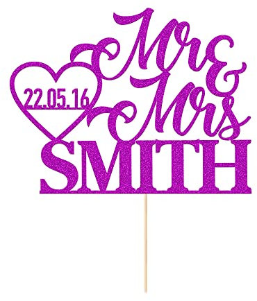 Personalised Cake Toppers Wedding Decoration Favours Customised Gifts for Couple Double Sided Glitter Paper With Any Name Date (Purple)