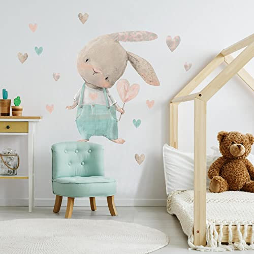 INSPIO Wandtattoo Aquarell Hase & Ballon Herzsticker Aufkleber Babyzimmer Wandsticker Baby Wanddeko Kinderzimmer (N.2.)
