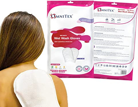 Omnitex Lot de 50 gants de toilette humides de qualité supérieure – Passent au micro-ondes | avec crème barrière diméthicone à l'aloe vera et vitamines | Lingettes de bain sans rinçage en forme de