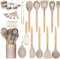 AHASON'S Silicone Cooking Utensils Set 230°C-446°F Heat Resistant Utensils,Turner Tongs,Spoon,Spatula,Brush,Whisk with Holder Kitchen Utensil Gadgets Tools Set for Nonstick Cookware,BPA Free (Khaki)