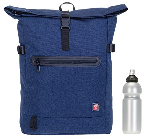 Elephant Rucksack Daypack Herren Damen AllDay A4 Large Laptop Tasche Geheimfach Freizeitrucksack Kurierrucksack Fahrrad Roll-Top Bag 12962 + Flasche (Deep Blue (Blau))