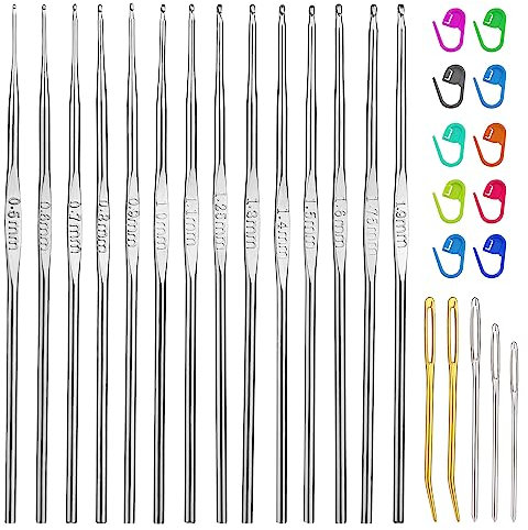 Benlay 0,5–1,9 mm Häkelnadeln, 14 Größen, ergonomisches Eisen-Häkelnadel-Set mit großer Öhr-Garnnadel und Maschenmarkierer-Clip, extra lange Häkelnadeln für Spitzenhandwerk, Stricken, Anfänger