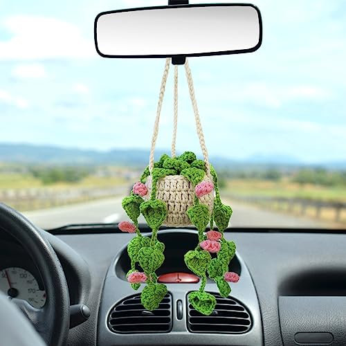 Häkel-Hängepflanze für Auto niedliche Topfpflanzen gehäkelte Dekoration Autospiegel hängende Zubehör Rückansicht Ornament hängende Boho handgefertigt gestrickter Anhänger