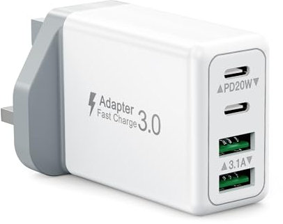 USB C Plug, 40W 4-Port Fast Charger Plug UK Dual Port PD Power Adapter +QC Multi Mains Wall Charger Type C Charging Plug for iPhone 16 15 14 13 12 11 Pro Max Plus XS XR SE,Samsung, iPad, AirPods
