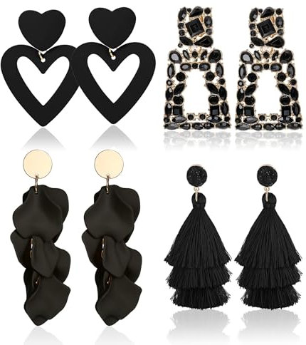 JeryWe 4 Paare Clip auf Ohrringe fürFrauen Hot Pink Herz DangleDrop Ohrringe Strass Geometrische Aussage Ohrringe Lange Rose Petal Quaste OhrringNon Piercing Ohrringe Set Schwarz