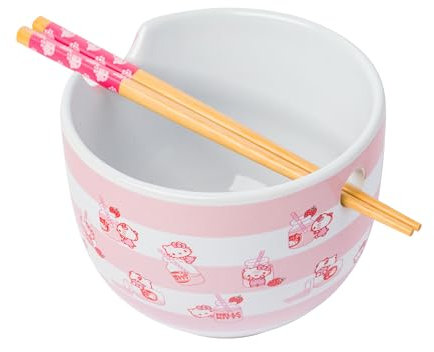 Silver Buffalo Sanrio Hello Kitty Strawberry Milk Pattern Ceramic Ramen Noodle Rice Bowl with Chopsticks, Microwave Safe, 20 Ounces
