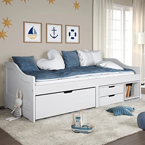 Homgoday Tagesbett mit 3 Schubladen Bettsofa Sofabett Bettcouch Tagesbett Einzelbett Gästebett Jugendzimmer Bett Holzbett für Wohnzimmer iRun Weiß 90x200cm Massivholz Kiefer