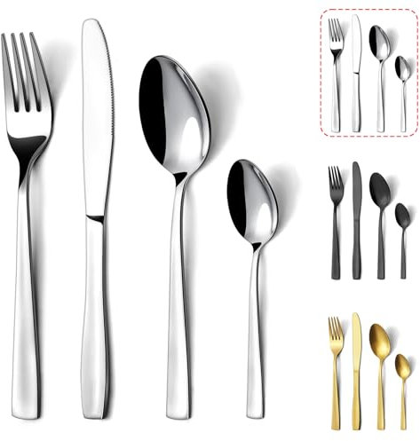 Cutlery Set, Hunnycook 16 Pieces Silver Cutlery Sets, Stainless Steel Cutlery Set for 4, Flatware Set with Knife and Forks Set, Spoons and Teaspoons, Mirror Polished and Dishwasher Safe