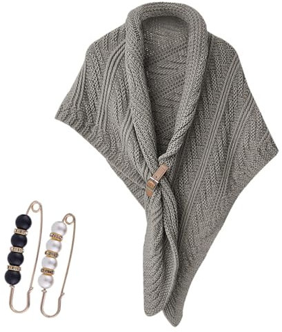 WIWIDANG Multifunktionaler Dreiecksschal für Damen, warme Herbst-Winter-Schalponchos, gestrickter Dreiecksschal mit Lederschnalle (Grau)