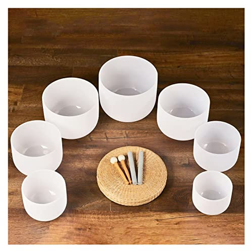 Grande 8-14quot; Cuencos Cantores de Cristal de Cuarzo Esmerilado Blanco Juego de 7 Chakras para un baño de Sonido Relajante con Bolsas Gratis (Color: 440 Hz Incluye 2 Bolsas)