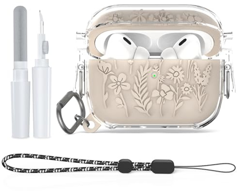 TUDIOW Schutzhülle für Airpods Pro 2. / 1. Generation, mit Schloss, Blumen-Gravur, Airpod Pro 1 & 2, Schutzhülle mit Reinigungsset, Schlüsselanhänger und Umhängeband für AirPods Pro 2. / 1.