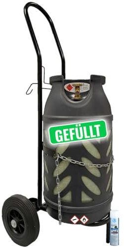 Transportwagen für Propan-Gasflaschen 5kg, 8kg, 10kg und 11kg | Sackkarre mit Halterung für Abflammgerät-Gasbrenner | inkl. 10 kg Eigentum Propan Gasflasche grau gefüllt und Ulith Lecksuchspray