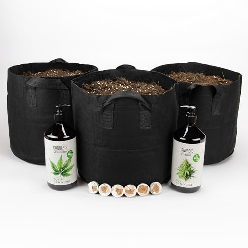 Green Home 3 x Pflanzsack 18L befüllt mit Grow Erde + 6 Quelltöpfen + Grow- & Blüten Dünger Set – Anbau Set für Kräuter, Tomaten und Blühpflanzen | Wiederverwendbar. Wachstum & Blüte optimiert