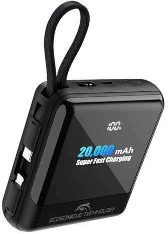 Ecosonique 20000mAh Power Bank 33W Max Fast Charging Portable Charger with Built in Cables USB C Phone Battery Pack for Android Cellphone iPhone 15/16 iPad Samsung Google LG Tablets Black