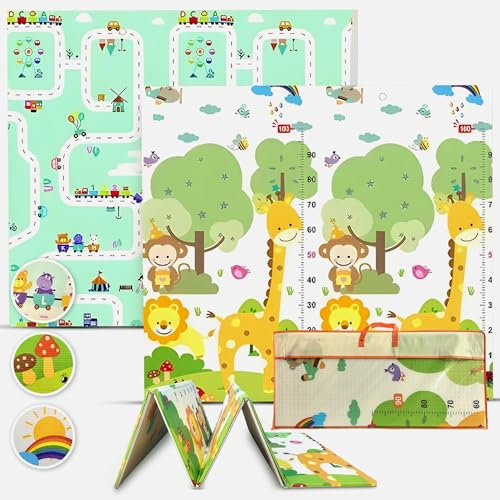Babybaipro- Alfombra Bebe Acolchada Plegable 200x180x1 cm, Colchoneta Infantil Reversible XPE, Impermeable, No tóxica, Juegos Regalo Niña-Niño Cumpleaños Navidad. Baby PlayMat (Selva/Circuito)